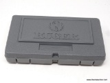 RUGER GUN CASE; HARDSIDED GREY PLASTIC CASE WITH ORANGE LABEL ON END, MADE FOR A 45 ACP, MODEL