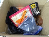 BOX LOT OF ELECTRONIC WIRES AND CABLES; ALSO INCLUDES GUN GUARDIAN SAFETY STRAPS AND A PAIR OF