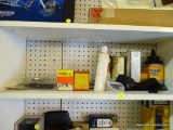 ASSORTED SHELF LOT; INCLUDES GUN CLEANING PATCHES, LIQUID STRIP, HODGDON PYRODEX MUZZLELOADING