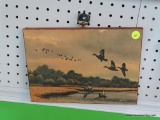 (WALL) GASTON PRINTED ART PLAQUE; IMAGE OF DUCKS IN FLIGHT OVER A POND, PAINTED ONTO A WOODEN PLAQUE