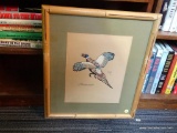 (WALL) LYNN BOGUE HUNT PHEASANT PRINT; IMAGE OF A BIRD IN FLIGHT, MATTED IN SAGE GREEN AND IN A