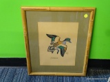 (WALL) LYNN BOGUE HUNT BALDPATE PRINT; IMAGE OF A BIRD IN FLIGHT, MATTED IN SAGE GREEN AND IN A