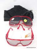 SAFETY GLASSES; PAIR OF RED POLARIZED SAFETY GLASSES WITH CARRYING BAGS.