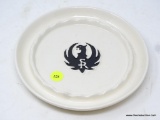 RUGER PORCELAIN ASHTRAY; WHITE PORCELAIN ASHTRAY IS ROUND AND HAS THE BLACK BIRD-LIKE RUGER SYMBOL