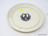 RUGER PORCELAIN ASHTRAY; WHITE PORCELAIN ASHTRAY IS ROUND AND HAS THE BLACK BIRD-LIKE RUGER SYMBOL