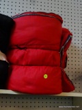 SLEEPING BAG; RED IN COLOR WITH PLAID INTERIOR AND APPEARS TO BE HARDLY USED! MADE IN THE USA.