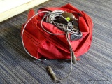 ASSORTED VINTAGE SOUND WIRES AND MICROPHONES; RED TOTES DUFFLE BAG FILLED WITH ASSORTED WIRES AND