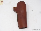 LEATHER GUN HOLSTER; BROWN LEATHER HOLSTER BY BILL FRENCH OF BURBANK, CALIFORNIA. RETAILS FOR $20.