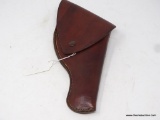 LEATHER GUN HOLSTER; HEISER BROWN LEATHER FLAP HOLSTER WITH ORIGINAL BOX, MEASURES 11 TOTAL INCHES
