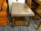 DARK WOOD MID CENTURY (MCM) END TABLE; HAS CURVING SLIGHTLY SPLAYED LEGS CONNECTED BELOW WITH A