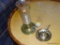 BRASS CANDLESTICK PLATE WITH SINGLE ETCHED GLOBE; TOTAL OF 2 CANDLESTICKS (NOT A MATCHING PAIR),