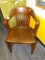 SOLID WOOD VINTAGE OFFICE CHAIR; BOWED BACK WITH WRAP AROUND ARMS, SLATTED BACK, MOLDED SEAT, SQUARE