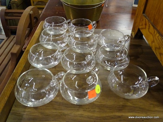 GLASS PUNCH CUPS; SET OF 11 HAND BLOWN PUNCH CUPS WITH SINGLE LOOP HANDLES AND A WIDE GLOBE DESIGN.
