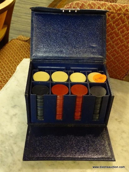 VINTAGE POKER CHIP SET IN CARRYING CASE; RED WHITE AND BLUE CHIPS, APPROXIMATELY 200 COUNT. HOUSED