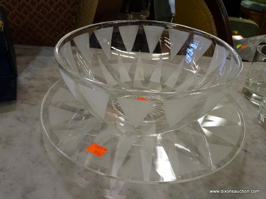 PATTERNED GLASS BOWL AND UNDER PLATE; CLEAR GLASS SET WITH FROSTED TRIANGULAR PATTERN. BOWL MEASURES