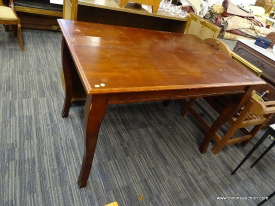 PUB TABLE; SABER LEGGED PUB STYLE TABLE. HAS SOME SCRATCHES TO THE TOP DINING SURFACE BUT IS