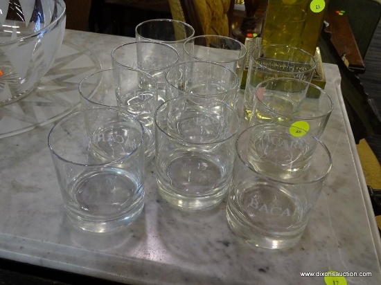 SET OF 10 BACARDI OLD FASHIONED GLASS TUMBLERS; EACH MEASURES 3.25 IN DIAMETER AND 3.5 IN TALL.