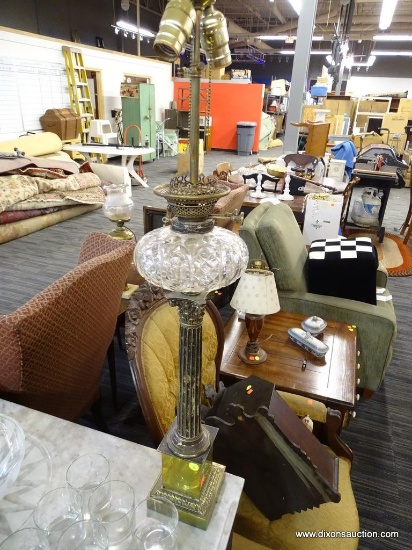 ANTIQUE MESSENGER DUPLEX BRASS AND GLASS LAMP; PREVIOUSLY AN OIL LAMP CONVERTED TO AN ELECTRIC, WITH