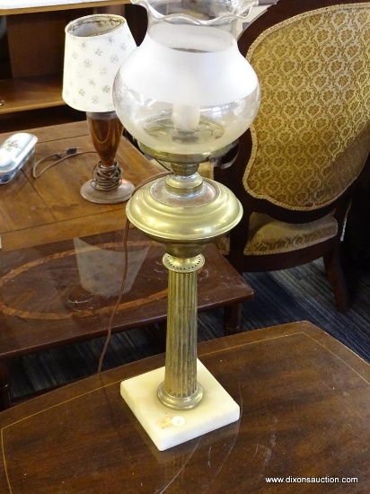 LAMP; FROSTED AND ETCHED GLASS SHADE BRASS BODIED LAMP WITH MARBLE BASE. MEASURES 24 IN TALL. IS IN