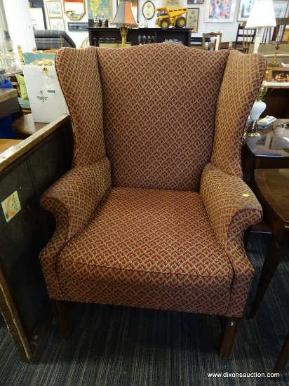 MAROON WINGBACK CHAIR; 1 OF A PAIR OF FLAME STITCHED WINGBACK CHAIRS WITH MAHOGANY LEGS. STRETCHER