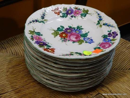 CZECHOSLOVAKIAN PLATES; LOT OF 12 HAND PAINTED SCHLAGGENWALD CZECHOSLOVAKIA PLATES IN A FLORAL