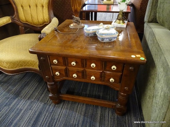 BASSETT WOODEN END TABLE; PLANKED TOP SURFACE WITH SINGLE 8-PANELED DRAWER BELOW. DRAWER IS