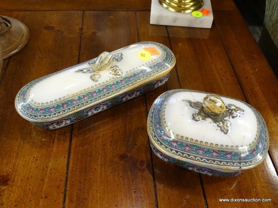 VINTAGE VICTORIAN LIDDED DISHES; ONE IS OBLONG, AND OTHER IS ROUNDED SQUARE WITH A SOAPDISH INSERT.