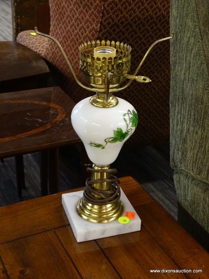 VINTAGE PAINTED WHITE GLASS LAMP WITH SQUARE WHITE MARBLE BASE; HAS A KEY-SHAPED SWITCH AND 3 SPIDER