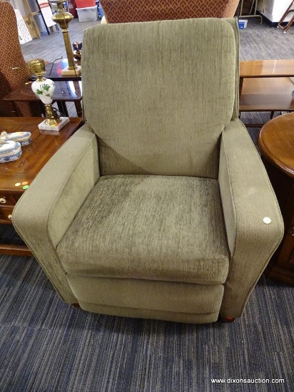SAGE GREEN RECLINING ARMCHAIR; FLAT BACK CUSHION ON SQUARE BACK SHAPED FRAME. SMOOTHLY RECLINES, HAS