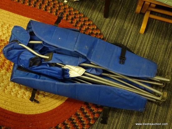 FOLDING CAMPING SEAT; "QUEST" FOLDING CAMPING SEAT IN BLUE. HAS CARRYING BAG.