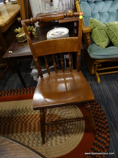 SIDE CHAIR; MAHOGANY CUSHION BACK SIDE CHAIR WITH PLANK BOTTOM SEAT. MEASURES 16 IN X 19 IN X 34 IN