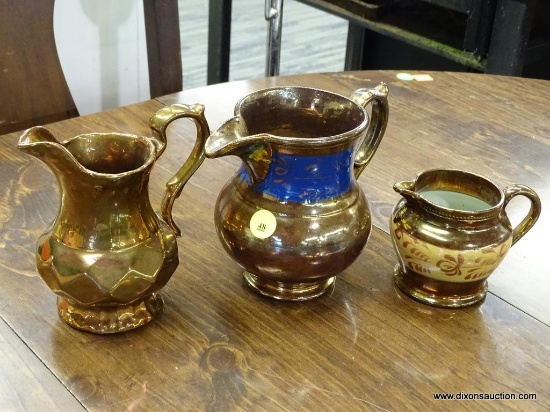 LUSTERWARE LOT; 3 PCS OF COPPER TONED LUSTERWARE (1 GEOMETRIC PATTERN CREAMER, 1 BLUE BANDED