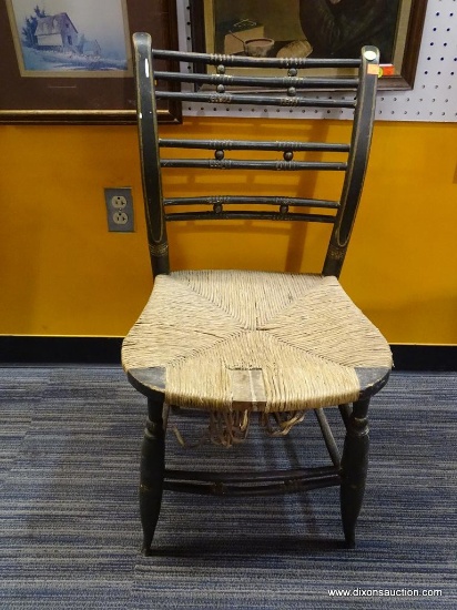 RUSH BOTTOM SIDE CHAIR; WITH BLACK DISTRESSED PAINTED FRAME. MULE EARED AND RUSH BOTTOM SIDE CHAIR