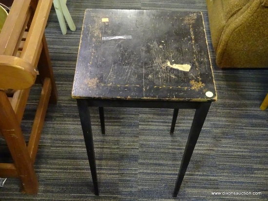 BLACK SIDE TABLE; SMALL SQUARE FLORAL INLAID SHERATON LEGGED SIDE TABLE. STENCILED DETAIL DOWN EACH