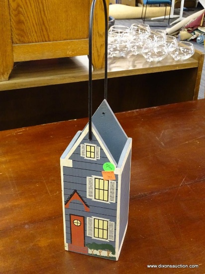 WOODEN PAINTED WINE BOTTLE CARRIER; PAINTED IN BLUE AND WHITE, ADORABLY RESEMBLING A 2 STORY HOUSE,