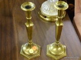 VINTAGE BRASS CANDLESTICKS; MATCHING PAIR, HEXAGONAL BASES, JUST UNDER 10 INCHES TALL EACH.