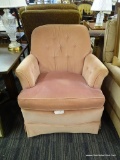 BLUSH PINK LADIES ARMCHAIR; MADE BY VANGUARD FURNITURE COMPANY OF HICKORY, NC. CHAIR HAS A ROUNDED