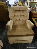 TAUPE CORDUROY UPHOLSTERED ARMCHAIR; SWIVEL ARMCHAIR IS COVERED IN VERY LIGHT BROWN SOFT CORDUROY