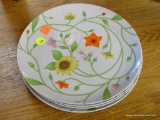 FITZ AND FLOYD LUNCHEON PLATES; SET OF 4 WHITE PLATES WITH FLORAL PATTERNS AND SMALL DIVOT IN WHICH