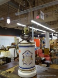 VINTAGE CYLINDER STYLE LAMP; WHITE WITH GOLD PAINTED BORDERS AND TRIM IN A FEDERAL BLUE AND GOLD