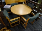 ROUND TOP DINETTE SET; INCLUDES TABLE AND 4 CHAIRS. TABLE HAS A PEDESTAL BASE AND MEASURES 42 IN X