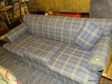 BLUE PLAID 3-CUSHION SOFA; HAS SOME MINOR WEAR ON THE ARMS BUT HAS GOOD SOLID BONES. GREAT FOR THE