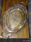 SILVERPLATE TRAYS LOT; SMALLER IS OVAL SHAPED WITH NO HANDLES AND IS NOT MARKED. LARGER IS A VINTAGE