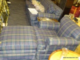 BLUE PLAID ARMCHAIR; IN GOOD USED CONDITION AND HAS A MATCHING OTTOMAN! GREAT FOR USE IN THE MAN