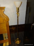 FLOOR LAMP; FROSTED WHITE OPEN TOP SHADE WITH BRASS COLORED POST AND ROUND BASE. MEASURES 56 IN