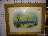 (WALL) FRAMED SNOW SCENE PRINT; DEPICTS A MOONLIT SNOW SCENE WITH 2 PEOPLE BRAVING THE COLD AND