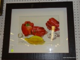 (WALL) FRAMED VEGETABLES ARTWORK; RED PEPPERS, MUSHROOMS, AND YELLOW SQUASH, SIGNED BY ARTIST IN