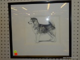 (WALL) FRAMED PEN AND INK DOG SKETCH; SINGLE HUSKY DOG STANDING, DRAWN IN PEN AND INK, MATTED IN