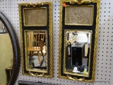 (WALL) PAIR OF MATCHING WALL MIRRORS; BLACK FRAMES WITH GOLD PAINTED TRIM, LOWER PANEL IS A BEVELED