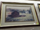 (WALL) FRAMED AND MATTED LARGER IMAGE OF FARMHOUSE AND BARN; MATTED IN OFF WHITE AND MARBLED GREY,